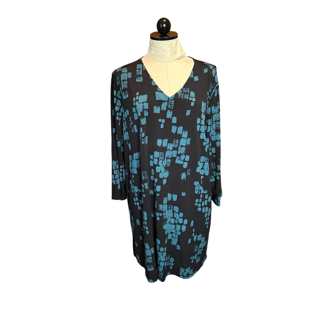 Ulla Popken Turquoise & Black Geometric Print V-Neck Tunic Top Plus Sz 16/18